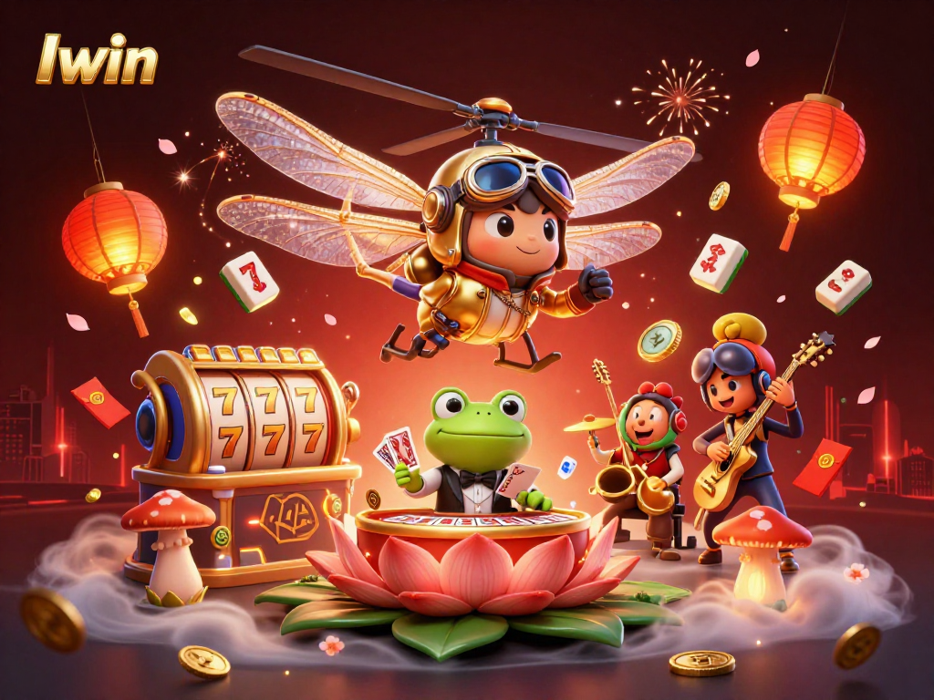 Iwin's vibrant 3D casino scene features engaging characters with dynamic slot elements and festive decorations.