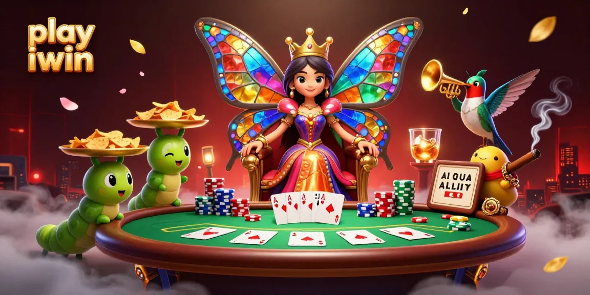 Play iwin with vibrant visuals, showcasing a 3D butterfly queen and poker elements.
