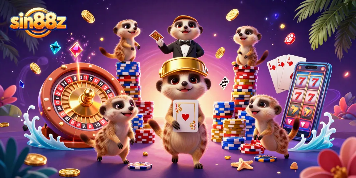 sin88z depicts a lively meerkat casino scene with dynamic gaming elements and bright tokens.
