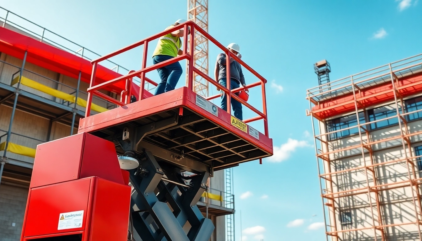 Cherry picker lifting workers safely at a construction site with natural lighting.