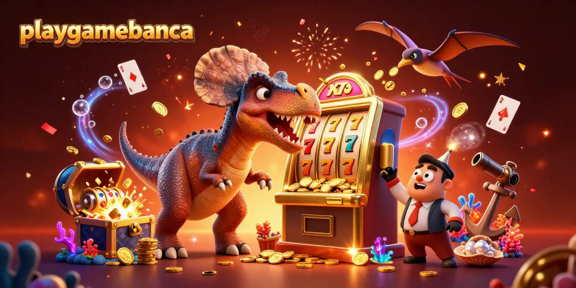 Watch playgamebanca come alive as a pachycephalosaurus wins jackpots amidst chaos in a vibrant casino scene.