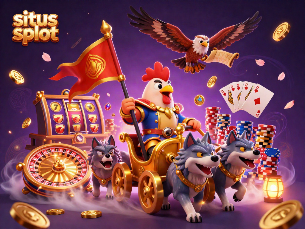 Gambar situs slot menampilkan pahlawan jantan berkuda mengemudikan kereta emas dikelilingi koin dan permata.