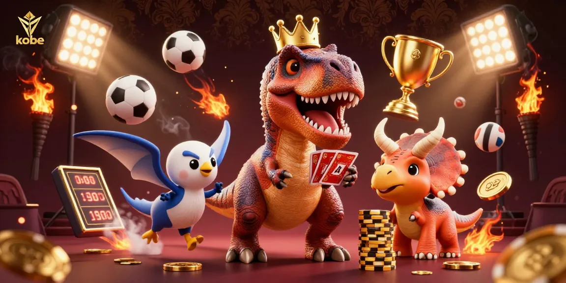 Kobe T-Rex deals cards with assistance, surrounded by sports elements and golden chips in a dynamic casino scene.