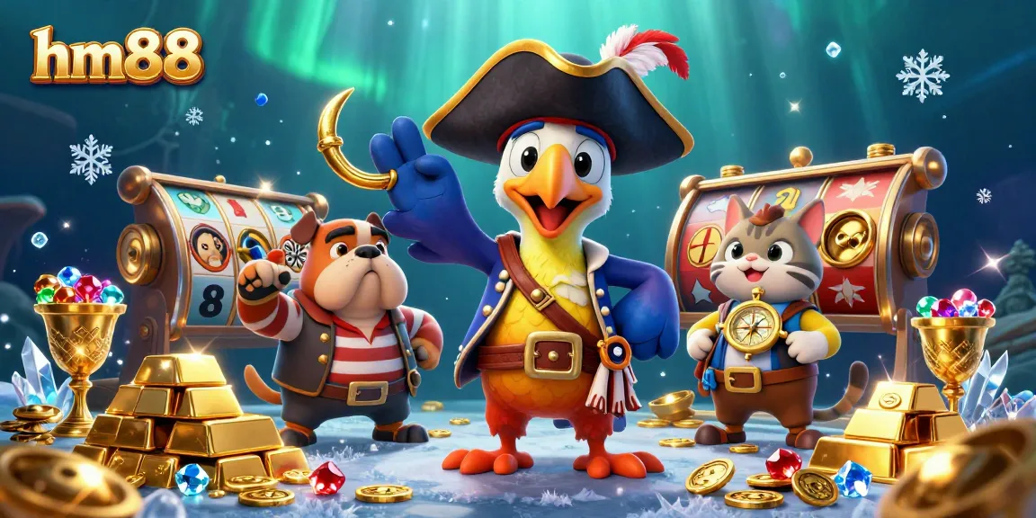 Join the adventures with hm88 in a lively casino scene featuring colorful slot games and gold treasures.