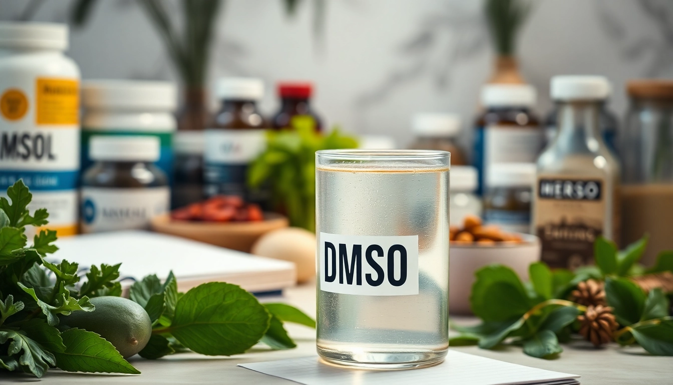 Explore the benefits of drinking dmso showcased through a glass of DMSO and health supplements.