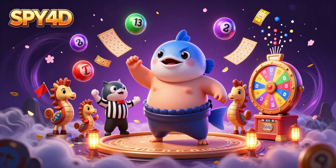 SPY4D menyajikan suasana kasino dengan ikan fugu sumo dan pemandangan penuh warna.