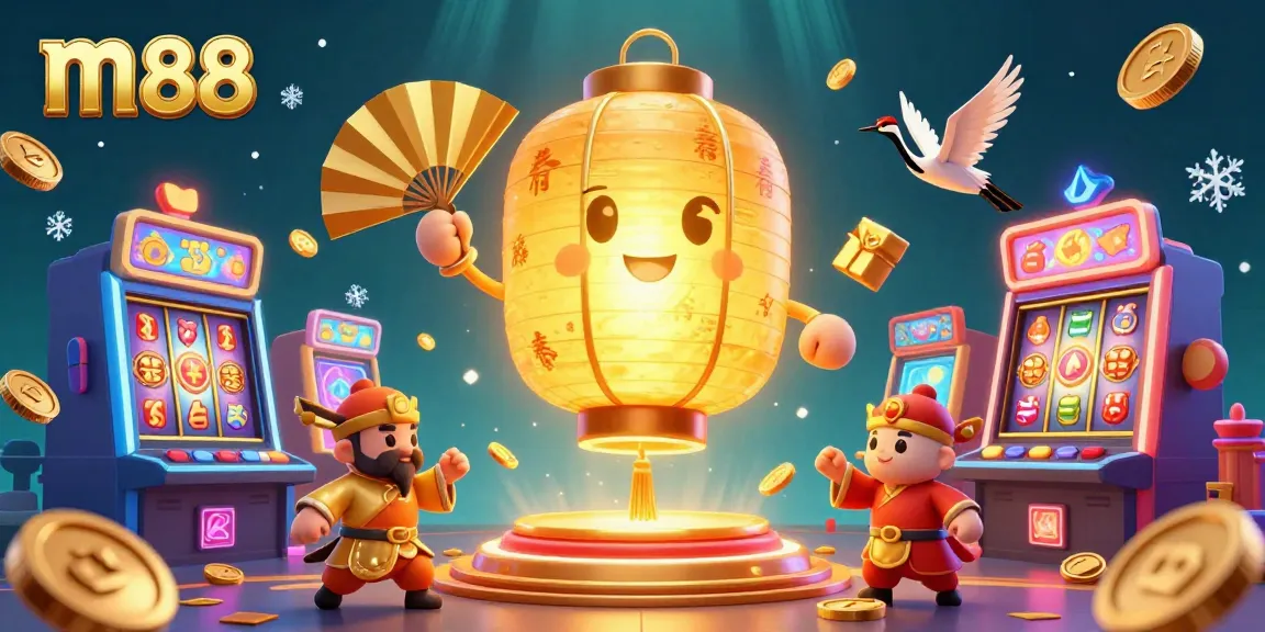 Experience m88's vibrant casino with golden lantern spirit and gaming machines shimmering with jackpots.