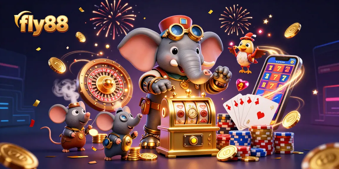 Experience the excitement of fly88 as a steampunk elephant wins at the slot machine amidst confetti and glimmering gems.
