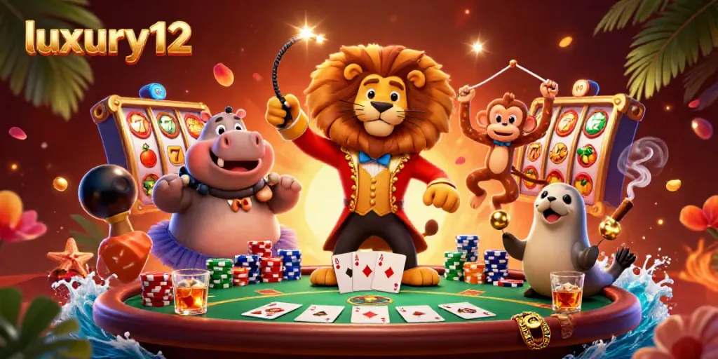 Luxury12 casino scene featuring a lion ringmaster, hippo, monkey, and seal amidst vibrant poker and slot elements.