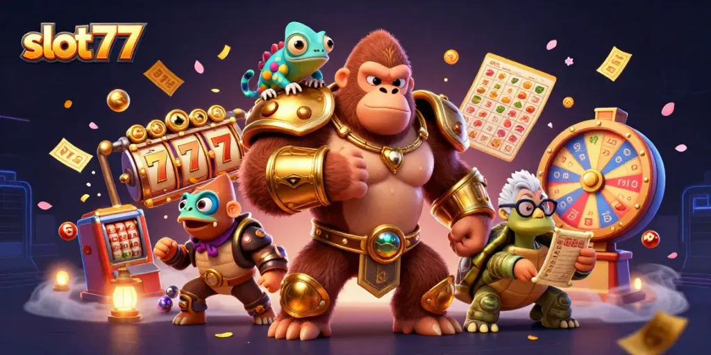 Slot777 menampilkan gorila raja bertempur dengan simbol mesin slot yang memukau.
