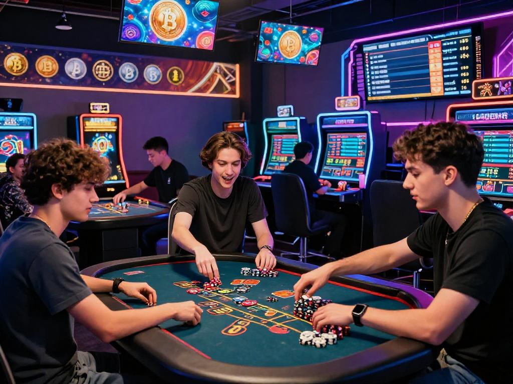 Dynamic scene of a crypto casino with players excitedly engaging in virtual games, neon lights, and cryptocurrency displays.