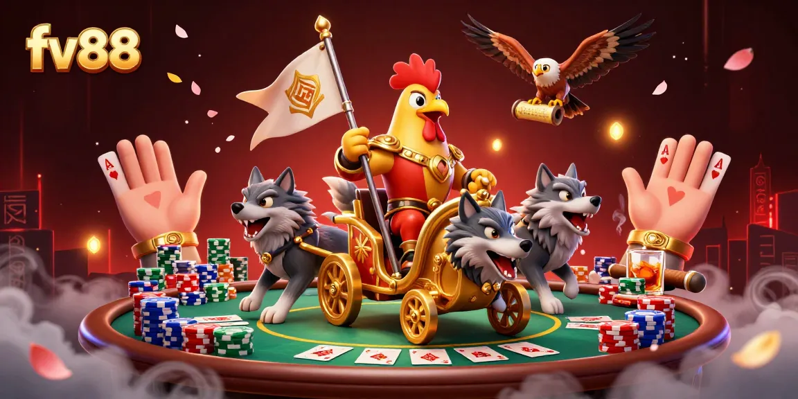 Experience the thrill of fv88 with a dynamic 3D illustration of gambling action featuring a rooster warlord and poker elements.