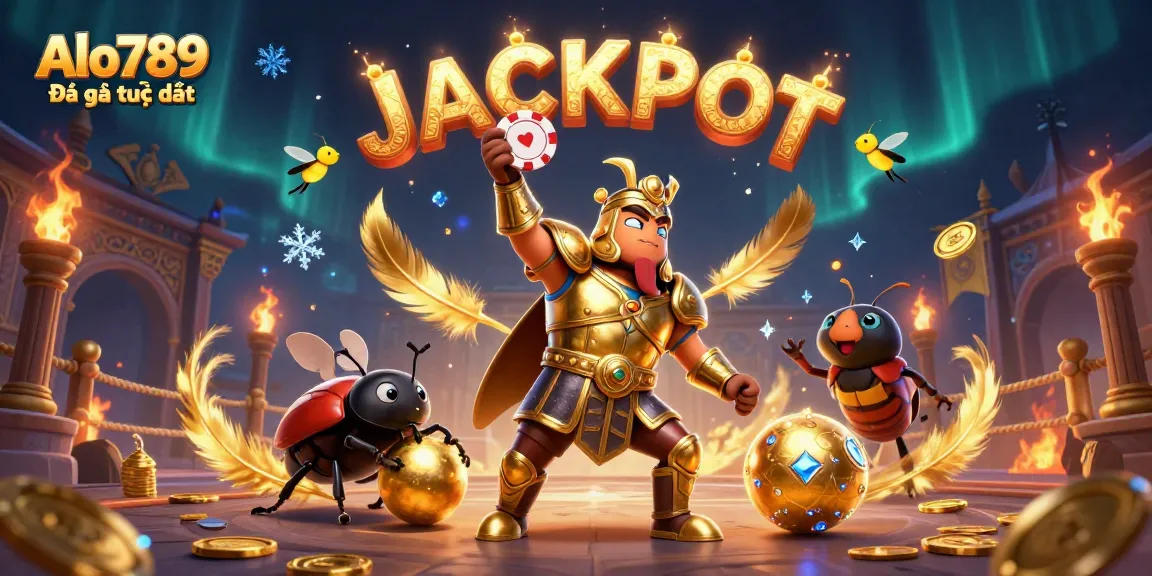 Alo789 Đá gà trực tiếp showcases a victorious beetle in gladiator armor with golden coins and jackpots.