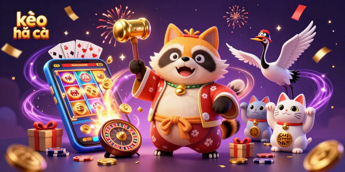 Engage with kèo nhà cái through a vibrant casino scene featuring cheerful characters and dynamic gaming elements.