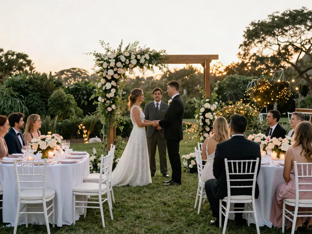 Event rental ksa outdoor wedding setup with floral arch and seating.