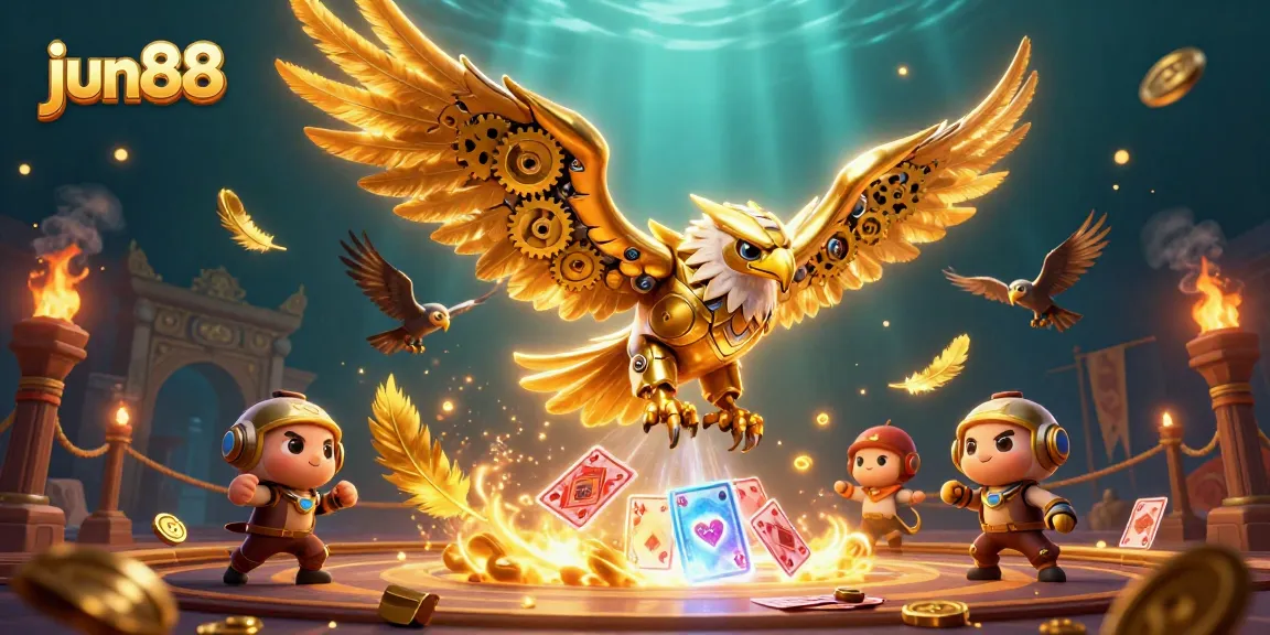 Experience thrilling bets at jun88 with a cybernetic golden eagle amidst casino action!