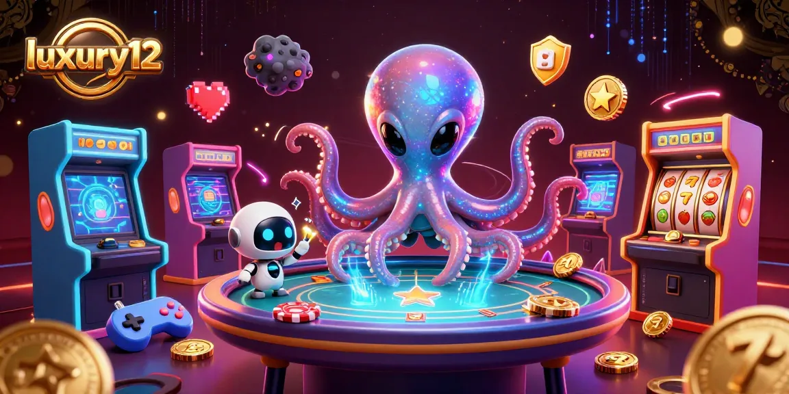 Memainkan slot modern di luxury12 dengan desain berkilau dari alien dan robot, mengelilingi meja poker holografik.