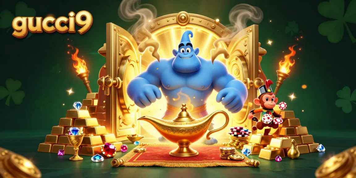 Experience the excitement of gucci9 with a dynamic 3D casino scene featuring genies and treasures.