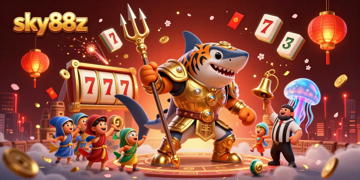 Engage with sky88z's thrilling underwater casino scene featuring tiger shark gladiators and vibrant gaming elements.