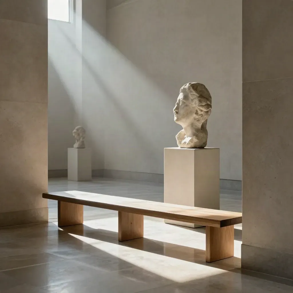 Empty museum gallery with limestone sculpture, bench, and morning light across polished floor