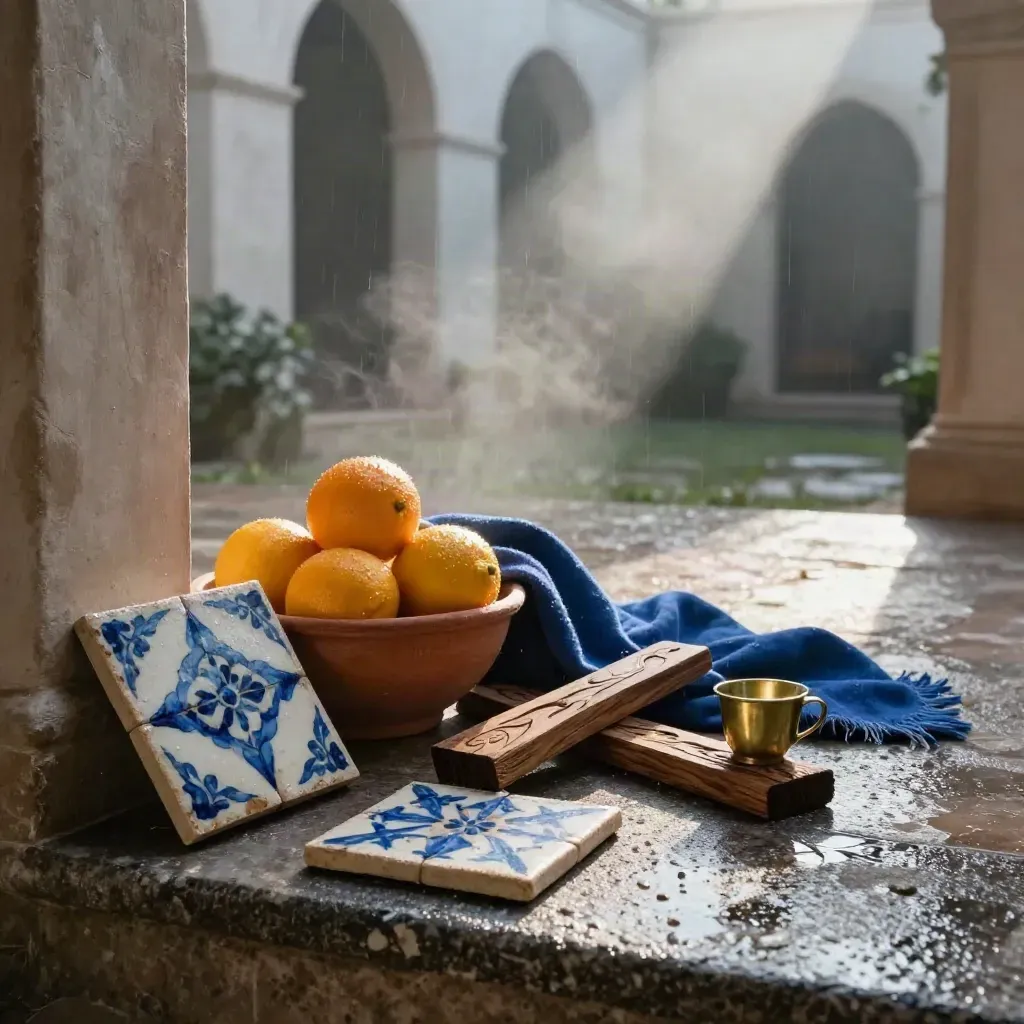 Rain-damp culture still life with tiles, citrus, indigo cloth, carved wood and brass in dawn mist.