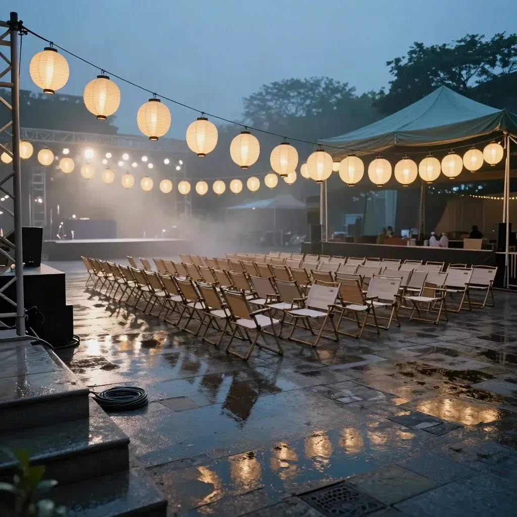 Twilight event plaza with glowing lantern strings, wet pavement reflections and empty chairs.