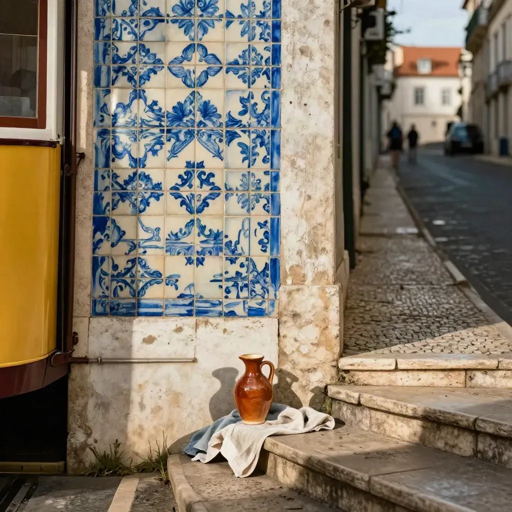 Lisbon tile corner with tram wheel, jug, linen cloth, and slanting late-morning light.