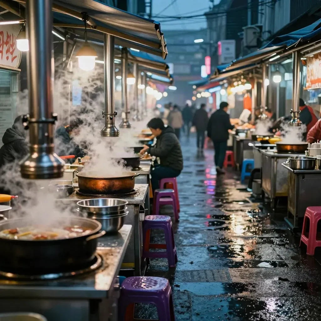 Steam rises over a Seoul night-market lane with grills, bowls, stools and neon reflections.