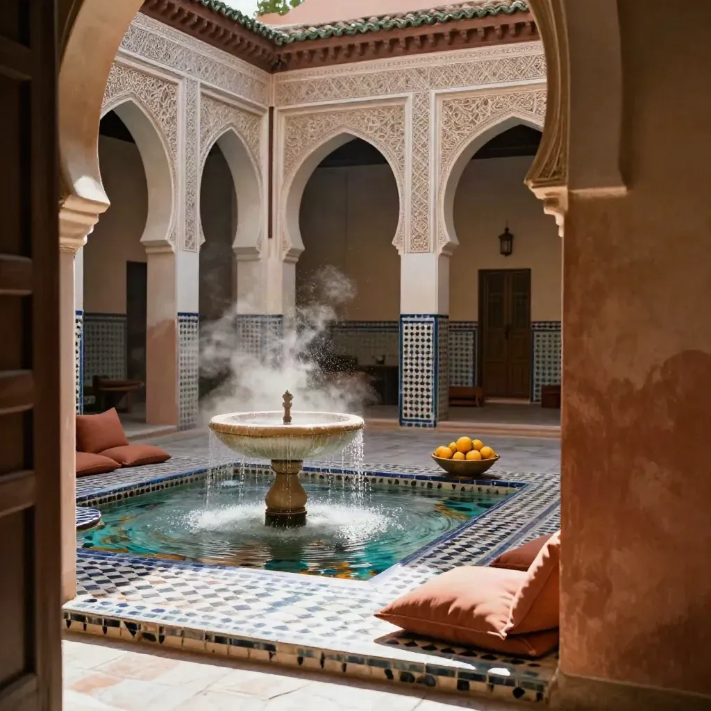 Marrakech riad courtyard with fountain, zellij tiles, citrus bowl, and terracotta cushions in warm light.