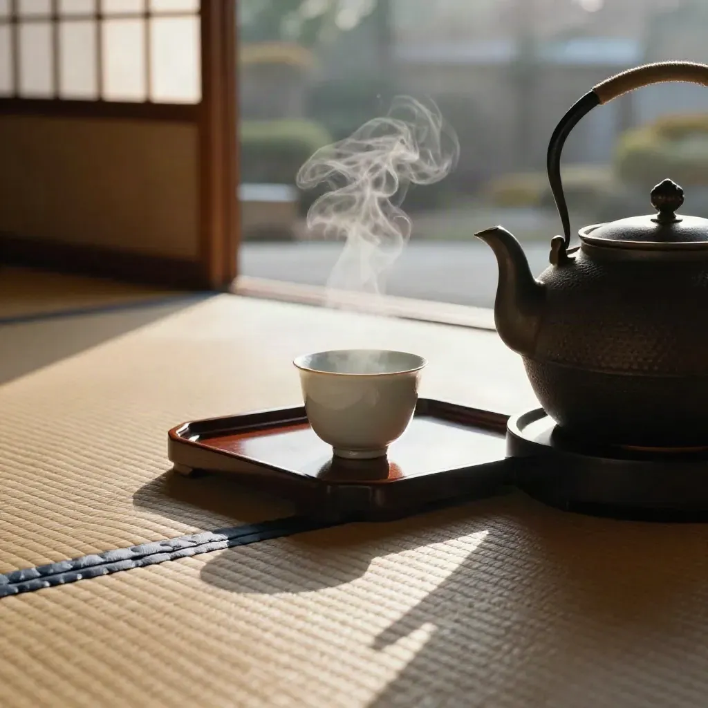 Kyoto tea room macro with tatami, ceramic tea set, steam, and shoji light at dawn