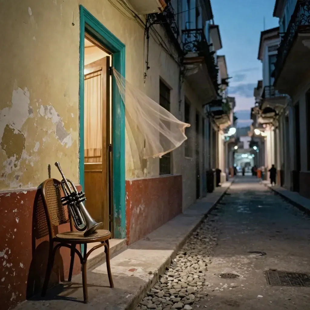 Havana alley with a trumpet on a chair, teal doorframe, glowing doorway, and humid blue-hour light.