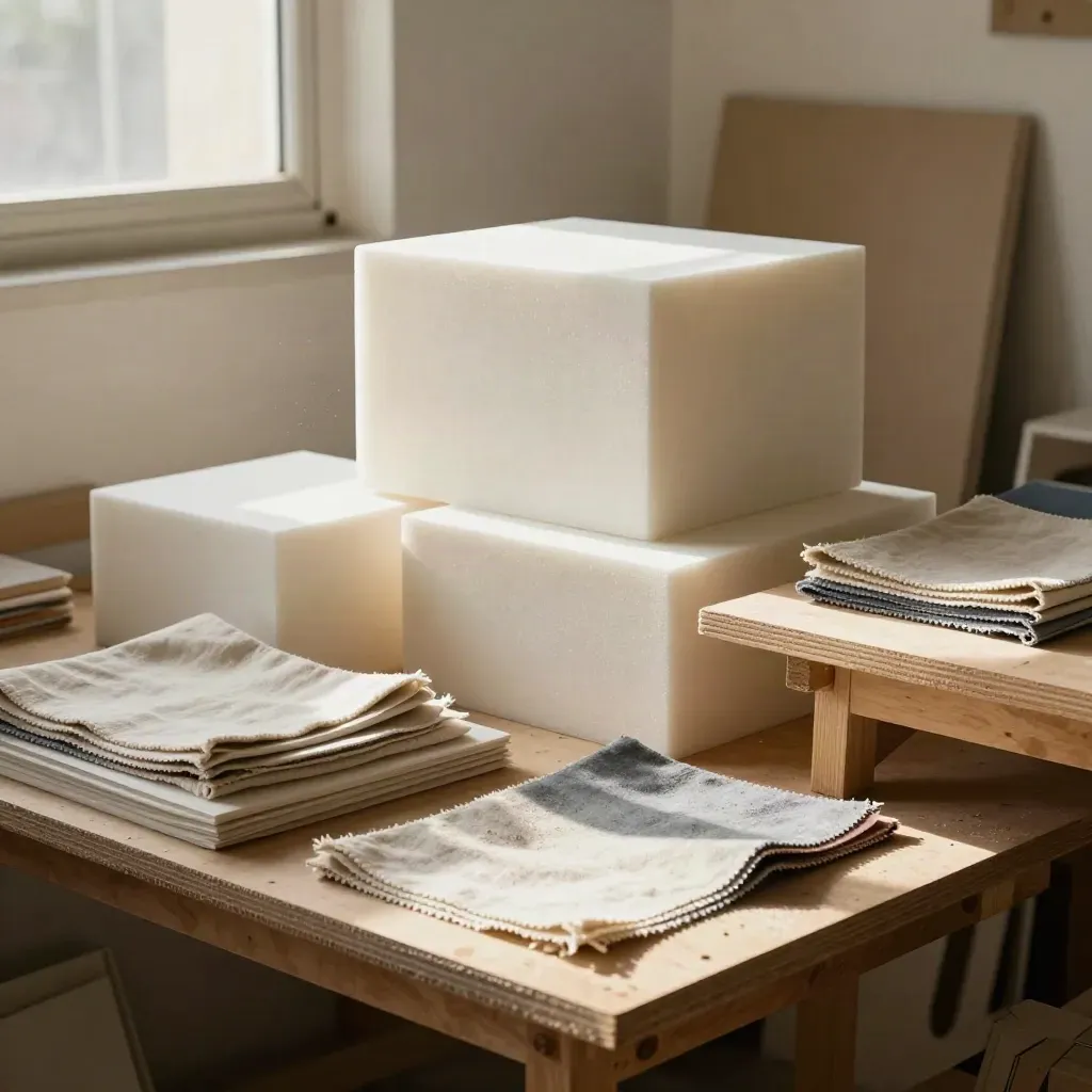 Foam prototypes and fabric swatches on plywood tables in a Nairobi design studio.