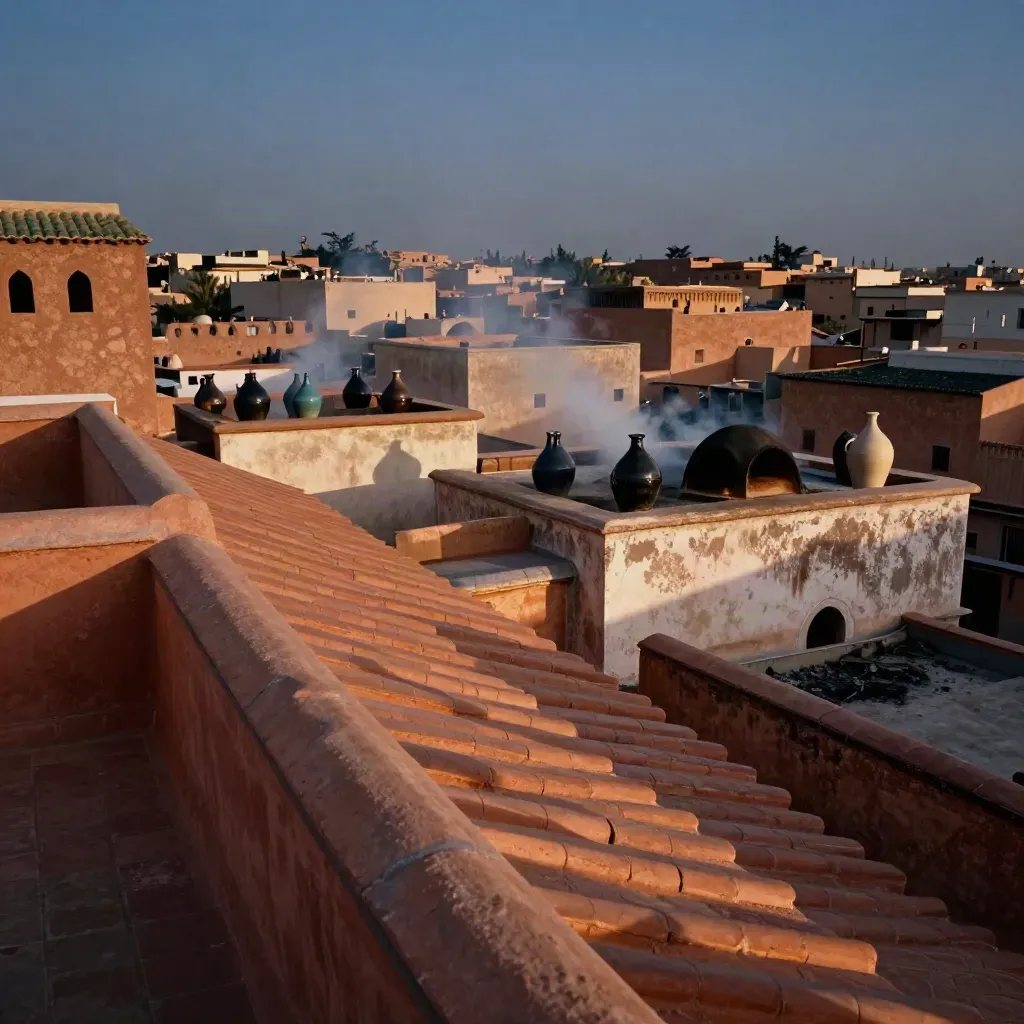Marrakech rooftops with ovens, jars, and smoke at dusk above the old city