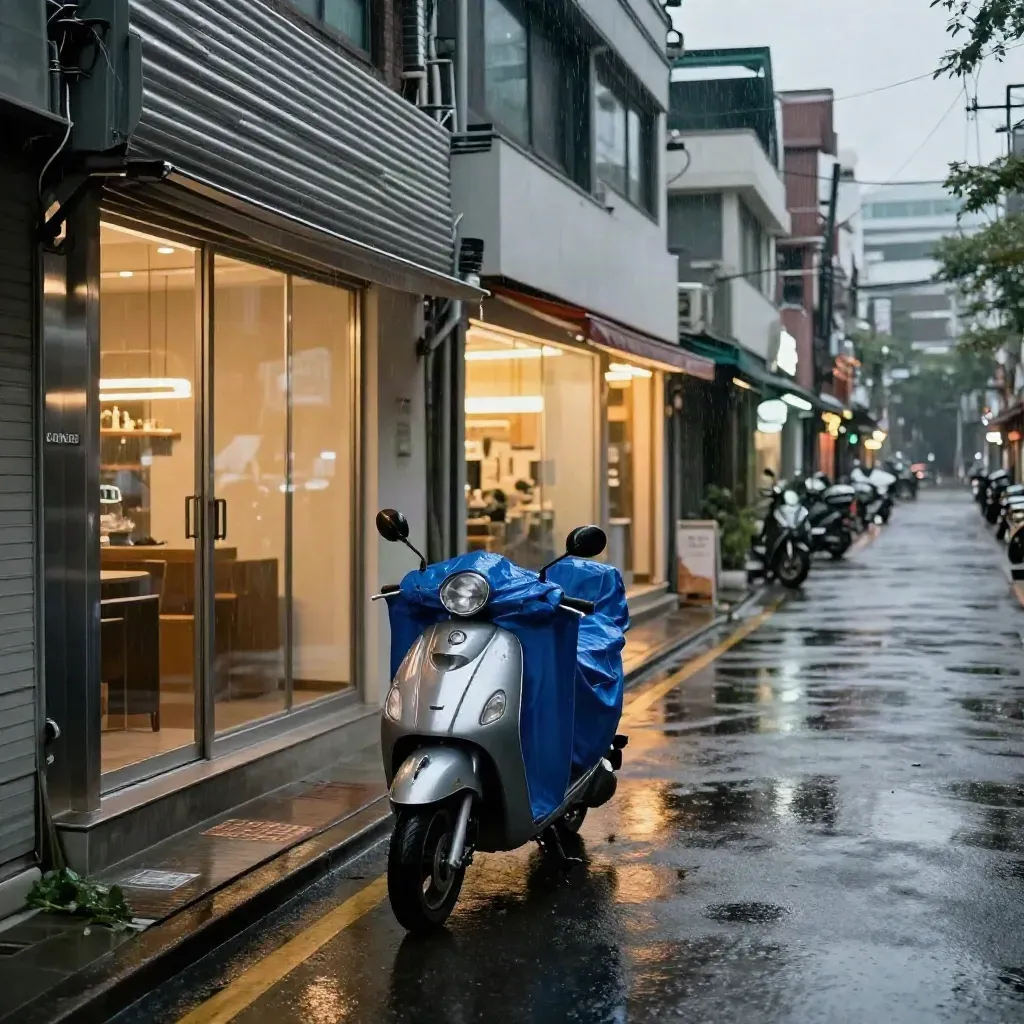 Rainy Seoul design street with lit studio windows, scooters, and shutters lifting in drizzle