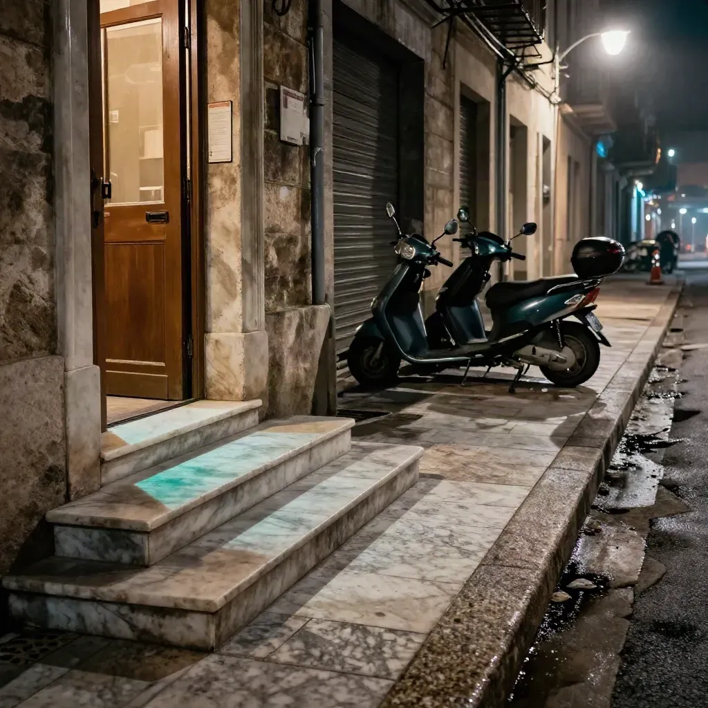 A teal-lit Athens side street with steps, scooters, and stone walls at night