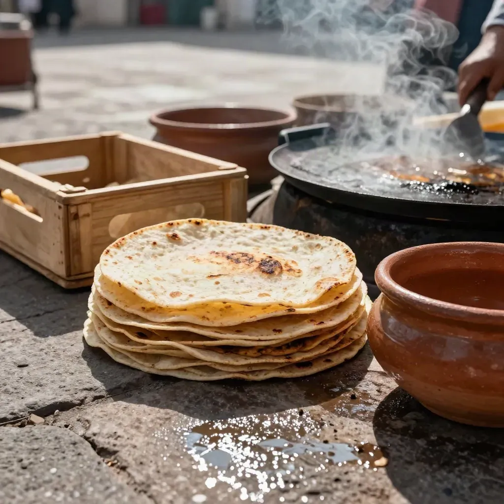 Extreme macro of Oaxaca market tortillas, clay bowls, fruit crates, and wet stone in morning steam.