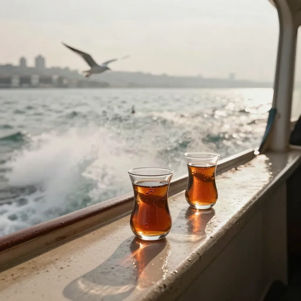 Istanbul ferry deck with steaming tea glasses, bright wake, gulls, and distant shore.