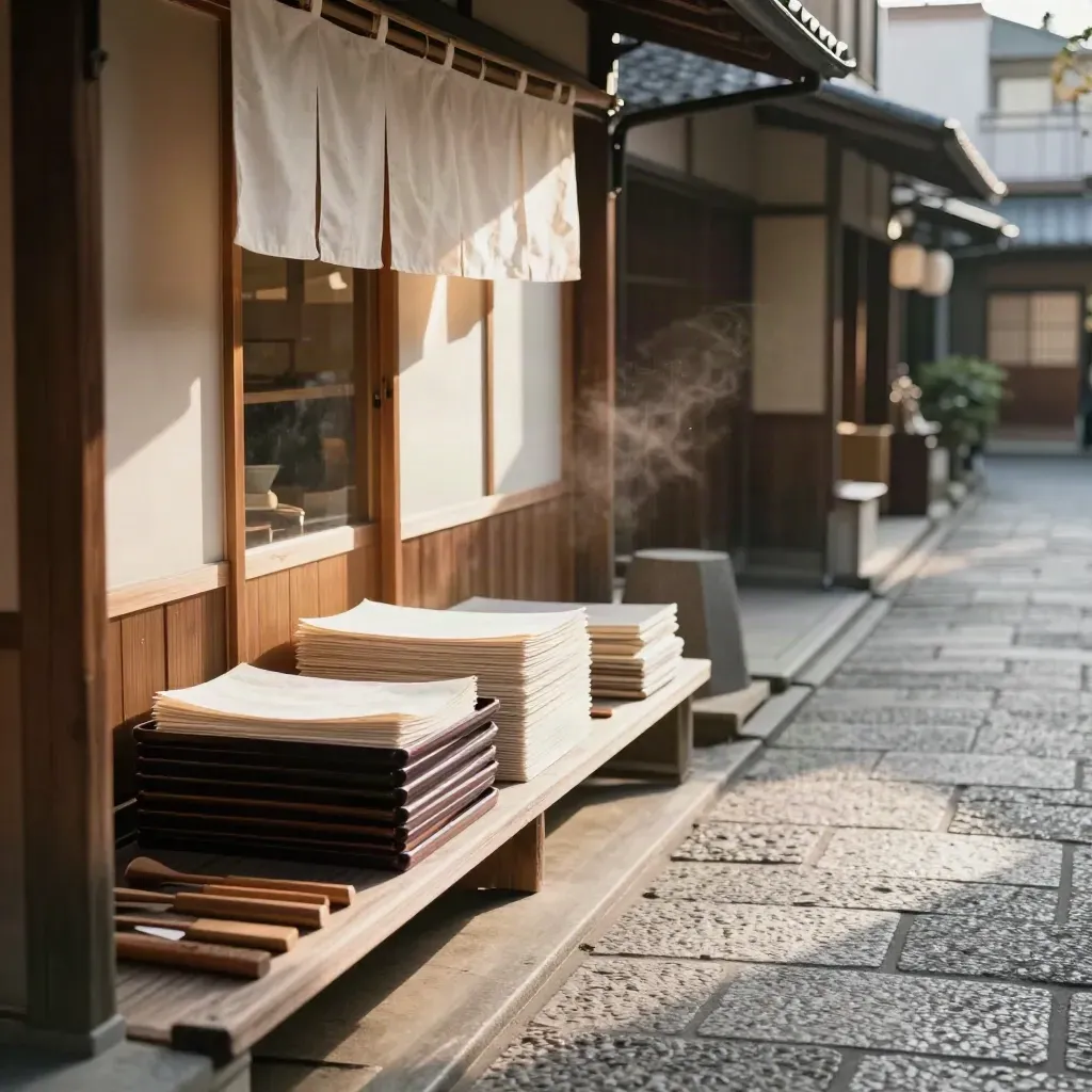 Kyoto craft lane with open wooden shops, washi papers, lacquer trays, and sunlit stone paving.