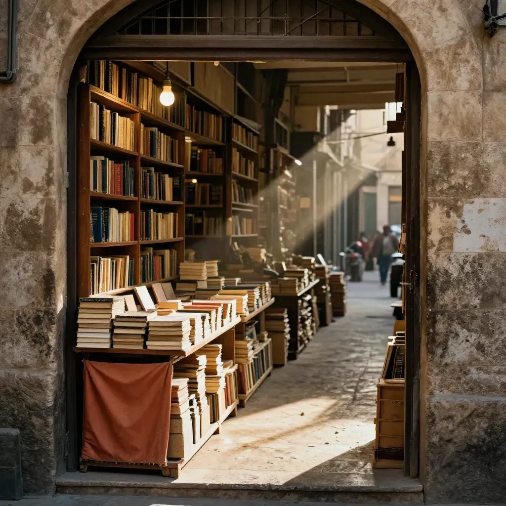 Cairo bookstall under old arches with stacked paperbacks, glowing bulbs, and dusty afternoon shade.