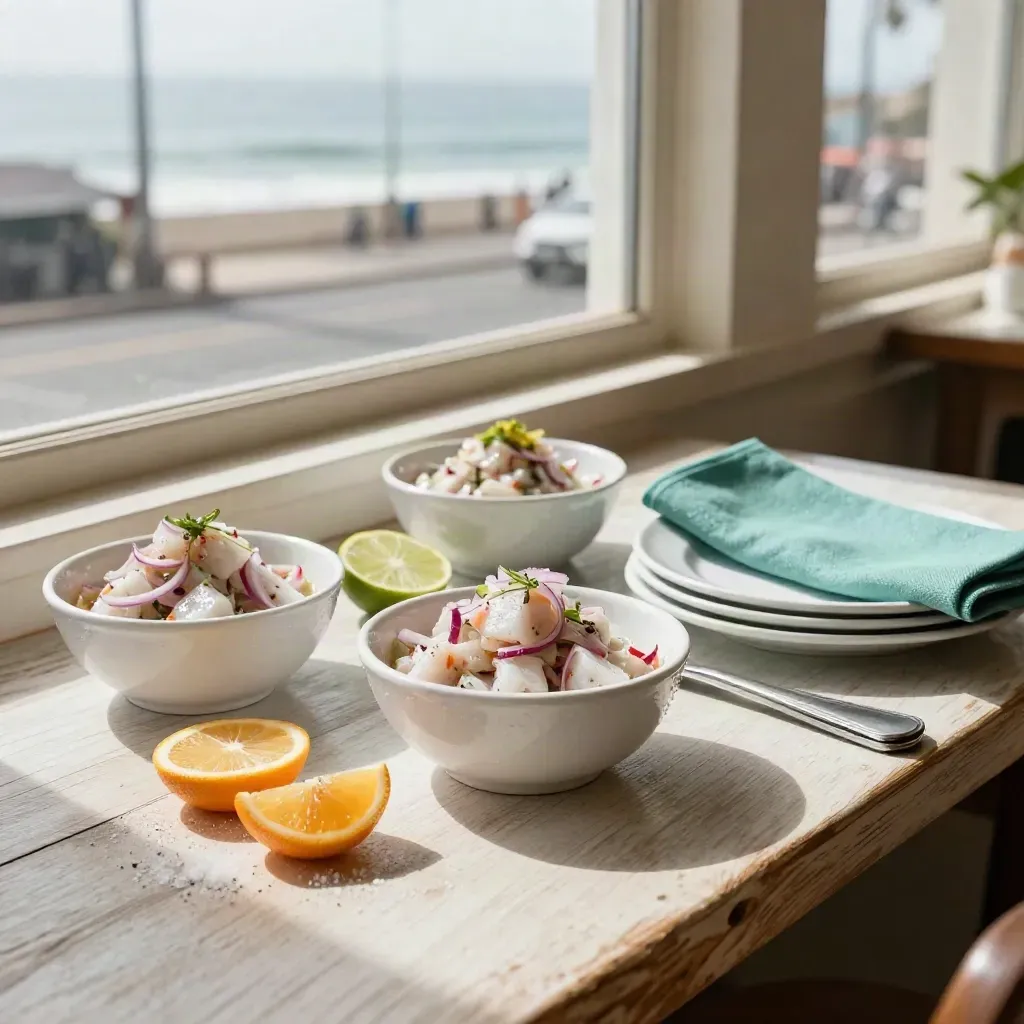 Ceviche bowls, citrus, and white plates in a bright Lima lunch room by the coast.