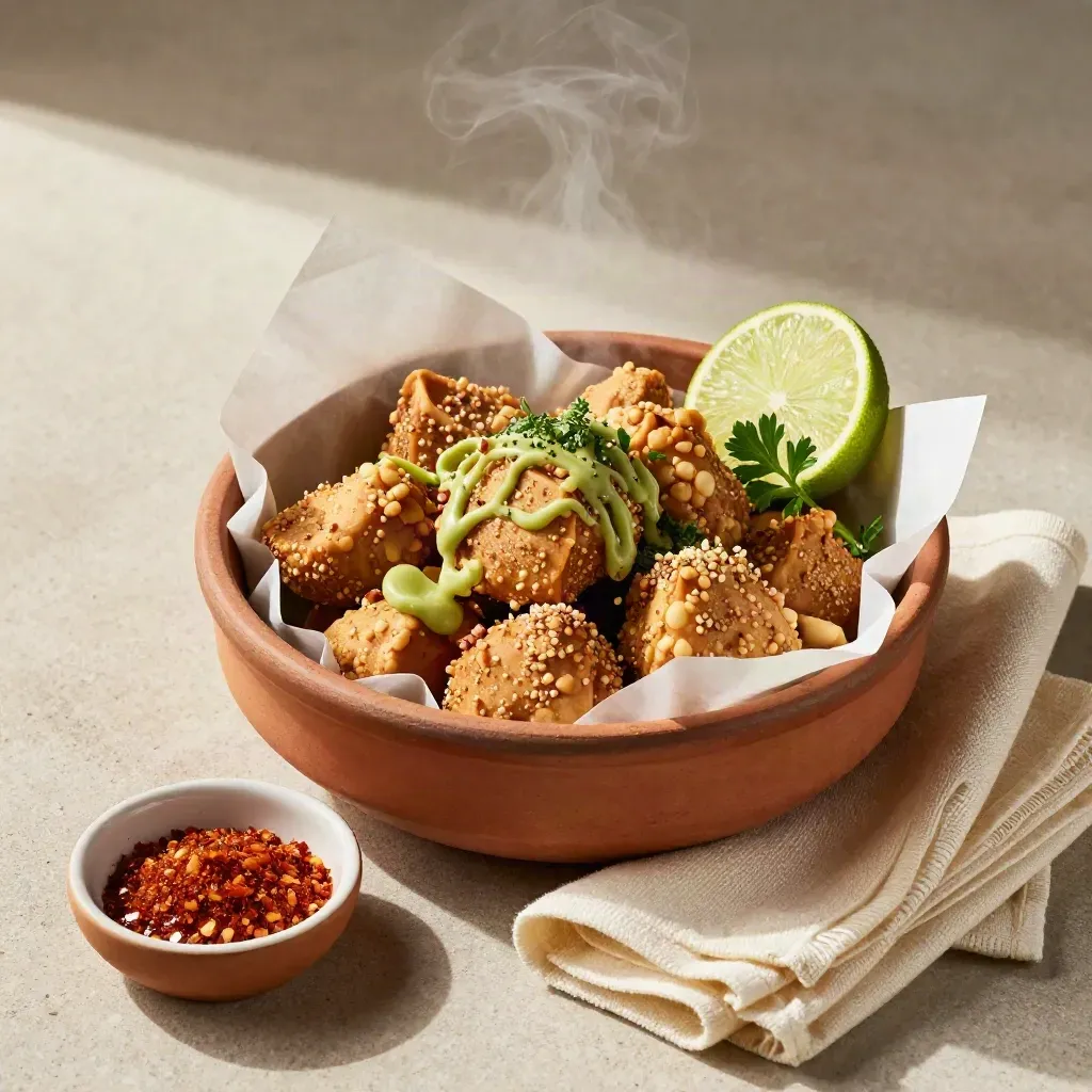 Steaming street snacks in a ceramic bowl with lime, chili salt, cloth, and herbs on pale stone.