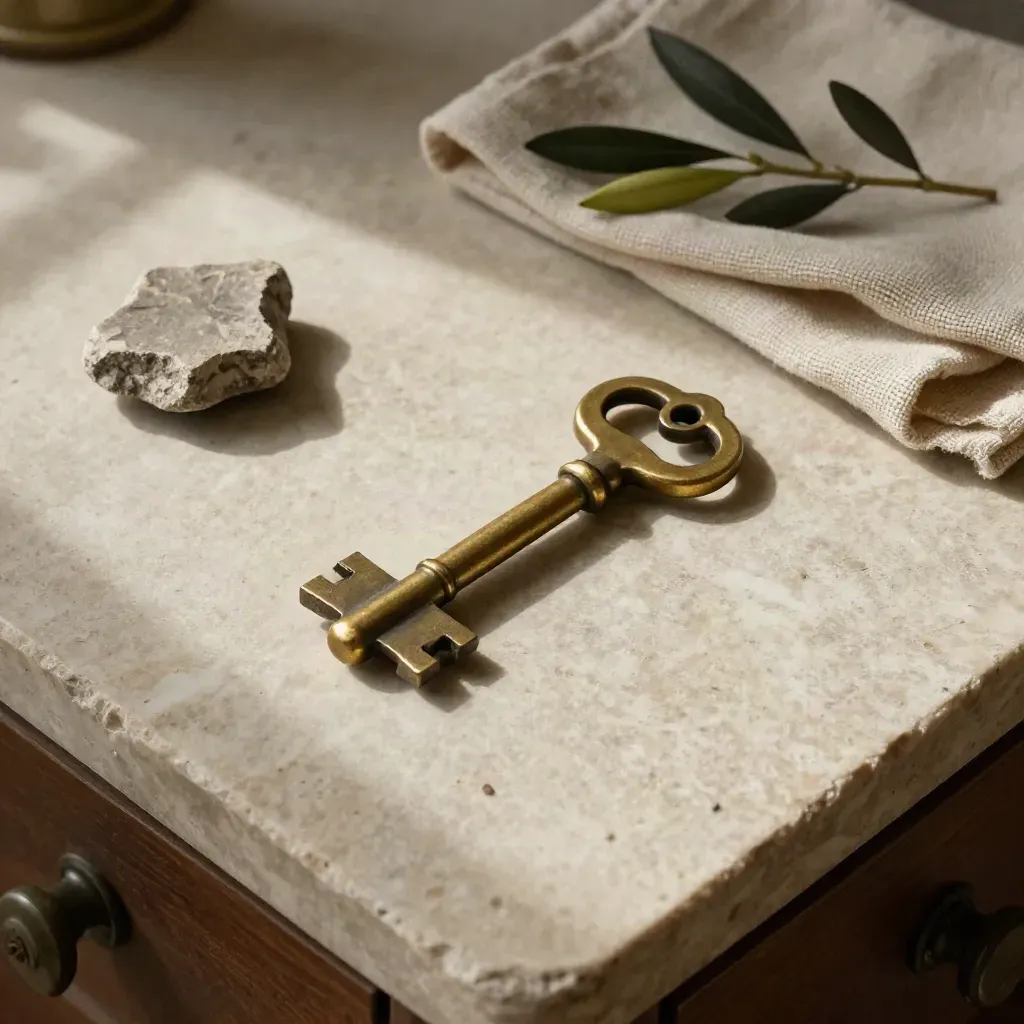 Brass key, stone fragment, oatmeal cloth and dried olive sprig on a limestone desk