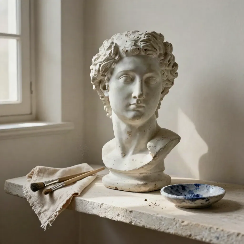 Plaster bust fragment with brushes, linen, and a stone dish on a pale shelf
