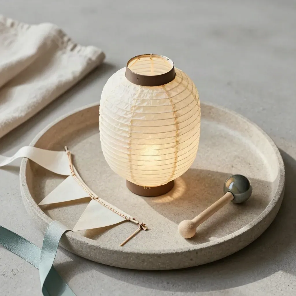 Paper lantern with ribbon bunting, ceramic bead, and tiny drum beater on a stone tray.