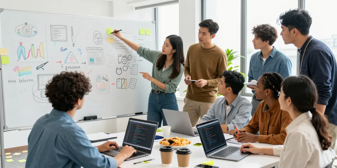 Team collaborating at https://www.www456bd.com/ workspace with laptops, whiteboard, and coffee.