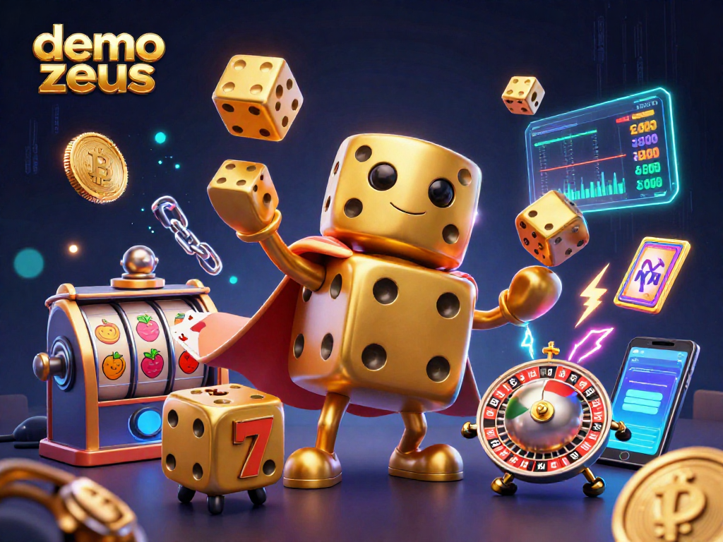 Aksi menarik demo zeus dalam ilustrasi 3D menggambarkan golem dadu emas yang menjatuhkan dadu sambil dikelilingi elemen kasino.