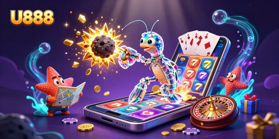 Engage in exciting gameplay at U888 featuring a vibrant cosmic scene with galactic characters and casino elements.