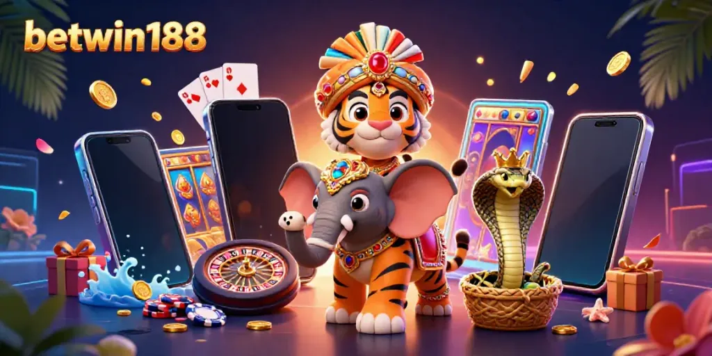 Akses BETWIN188 dengan elemen kasino menarik, menampilkan harimau dan gajah 3D.