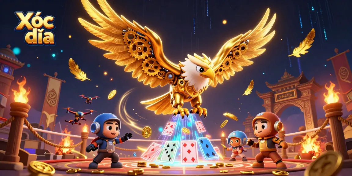 Xóc đĩa offers immersive thrilling experiences with a cybernetic eagle amidst holographic playing cards.