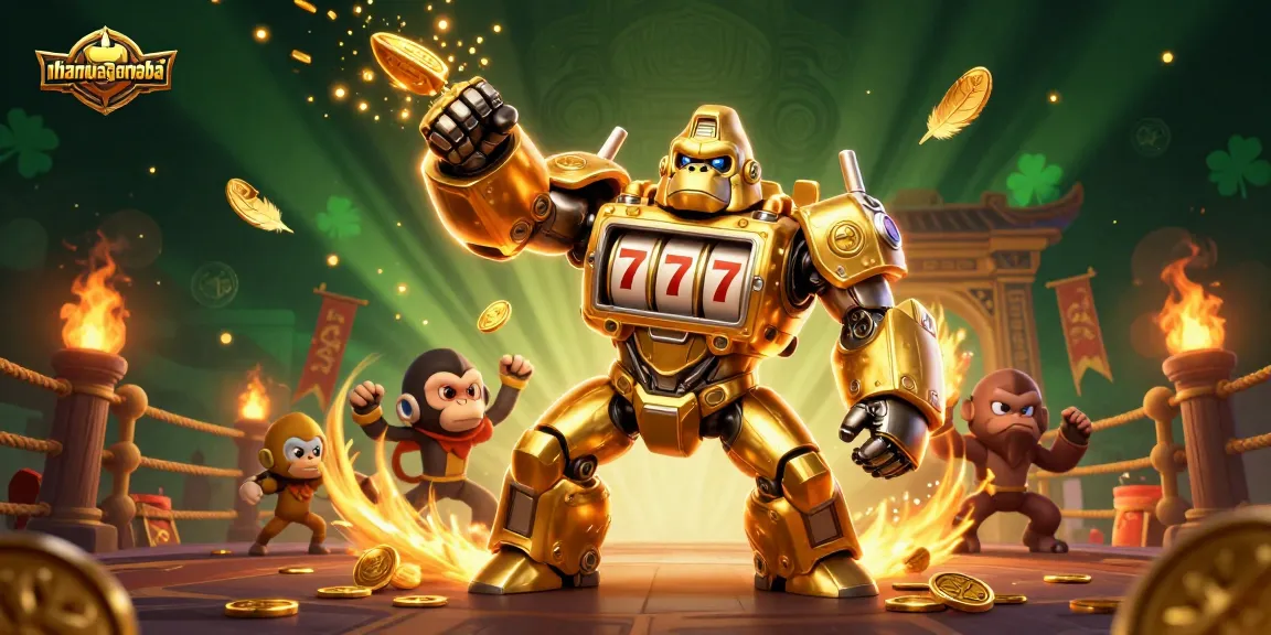Engage in dynamic Callbreak action with nhanquagamebai's golden mech gorilla in a vibrant casino setting.